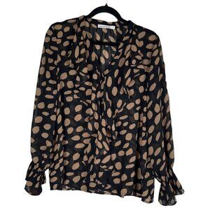 Brave +True Women Size S Sheer Peasant Boho Blouse Black Tan Abstract Leaf Print